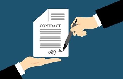 Graphic of a hand signing a contract.