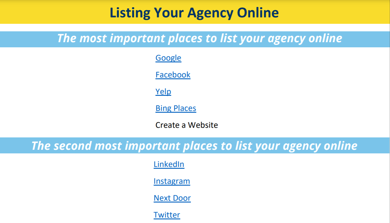 A list of the social media platforms that you should list your agency on.